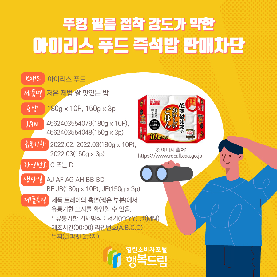 뚜껑 필름 접착 강도가 약한 아이리스 푸드 즉석밥 판매차단 브랜드 아이리스 푸드 제품명 저온 제법 쌀 맛있는 밥  용량 180g x 10P, 150g x 3p JAN 4562403554079(180g x 10P), 4562403554048(150g x 3p) 유통기한 2022.02, 2022.03(180g x 10P), 2022.03(150g x 3p) 라인번호 C 또는 D 생산일 AJ AF AG AH BB BD BF JB(180g x 10P), JE(150g x 3p) 제품특징제품 트레이의 측면(짧은 부분)에서 유통기한 표시를 확인할 수 있음. * 유통기한 기재방식 : 서기(YYYY) 달(MM) 제조시간(00:00) 라인번호(A.B.C.D) 날짜(알파벳 2글자) ※ 이미지 출처: https://www.recall.caa.go.jp 