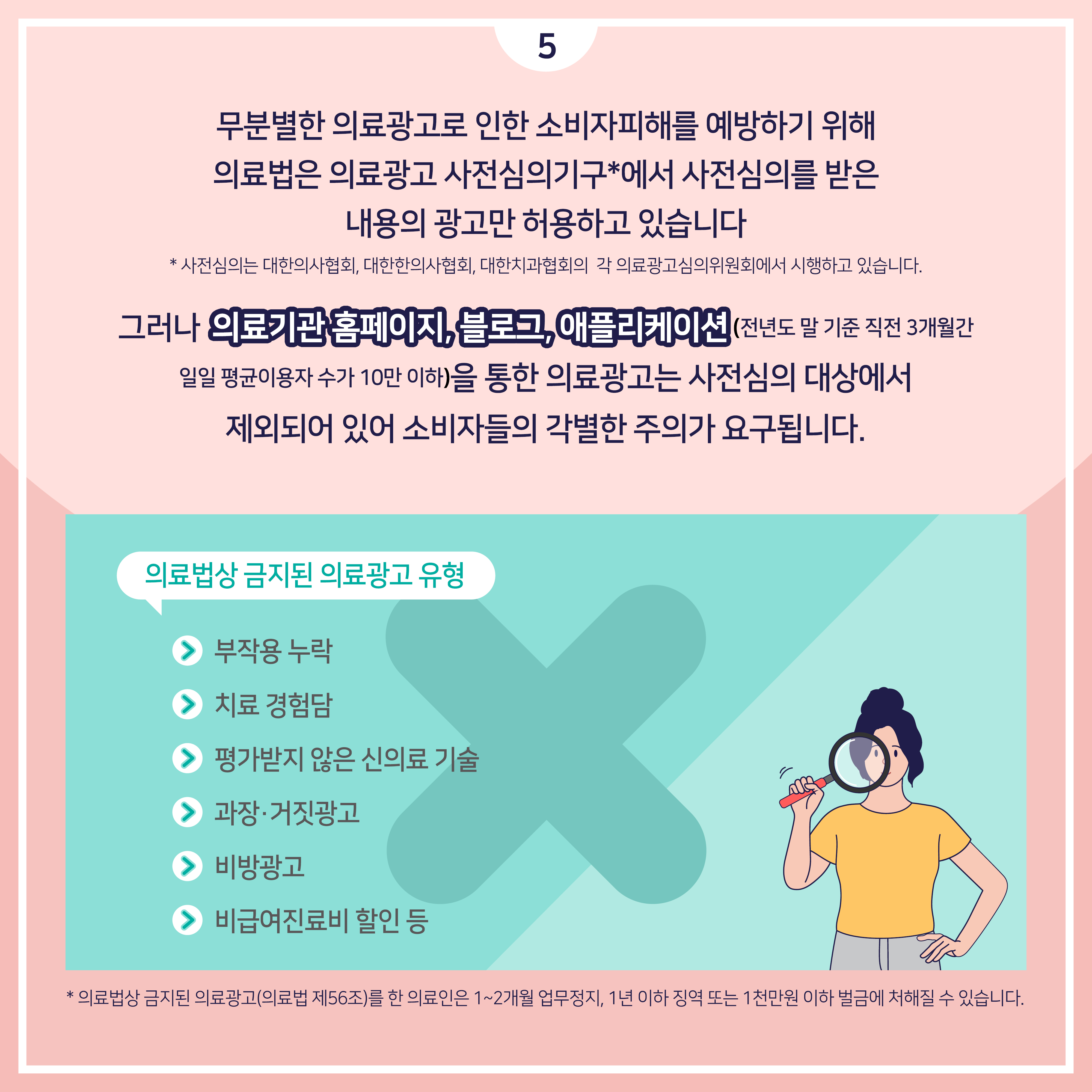 무분별한 의료광고로 인한 소비자피해를 예방하기 위해 의료법은 특정 유형의 의료광고는 금지하고 있고, 의료광고 사전심의기구*에서 사전심의를 받은 내용의 광고만 허용하고 있습니다. *사전심의는 대한의사협회, 대한한의사협회,대한치과협회의 각 의료광고심의위원회에서 시행하고 있습니다. 그러나 의료기관 홈페이지, 블로그, 애플리케이션(전년도 말 기준 직전 3개월간 일일 평균이용자 수가 10만 이하)을 통한 의료광고는 사전심의 대상에서 제외되어 있어 소비자들의 각별한 주의가 요구됩니다. 의료법상 금지된 의료광고 유형 - 부작용 누락, 치료 경험담, 평가받지 않은 신의료기술, 과장거짓광고, 비방광고, 비급여진료비 할인 등 * 위와 같은 사항을 위반하여 광고행위를 한 의료인은 1개월~2개월 업무정지, 1년 이하 징역 또는 1천만원 이하 벌금에 처해질 수 있습니다.