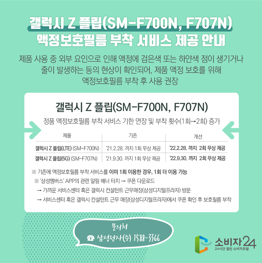  갤럭시 Z 플립(SM-F700N, F707N) 액정보호필름 부착 서비스 제공 안내 제품 사용 중 외부 요인으로 인해 액정에 검은색 또는 하얀색 점이 생기거나 줄이 발생하는 등의 현상이 확인되어, 제품 액정 보호를 위해 액정보호필름 부착 후 사용 권장 갤럭시 Z 플립(SM-F700N, F707N) 정품 액정보호필름 부착 서비스 기한 연장 및 부착 횟수(1회→2회) 증가 제품 갤럭시 Z 플립(LTE) (SM-F700N) ’21.2.28. 까지 1회 무상 제공 ’22.2.28. 까지  2회 무상 제공 갤럭시 Z 플립(5G) (SM-F707N)’21.9.30. 까지 1회 무상 제공’22.9.30. 까지  2회 무상 제공 ※ 기존에 액정보호필름 부착 서비스를 이미 1회 이용한 경우, 1회 더 이용 가능 ※ ‘삼성멤버스’ APP의 관련 알림 배너 터치 → 쿠폰 다운로드  → 가까운 서비스센터 혹은 갤럭시 컨설턴트 근무매장(삼성디지털프라자) 방문  → 서비스센터 혹은 갤럭시 컨설턴트 근무 매장(삼성디지털프라자)에서 쿠폰 확인 후 보호필름 부착  문의처 ☎ 삼성전자㈜ 1588-3366