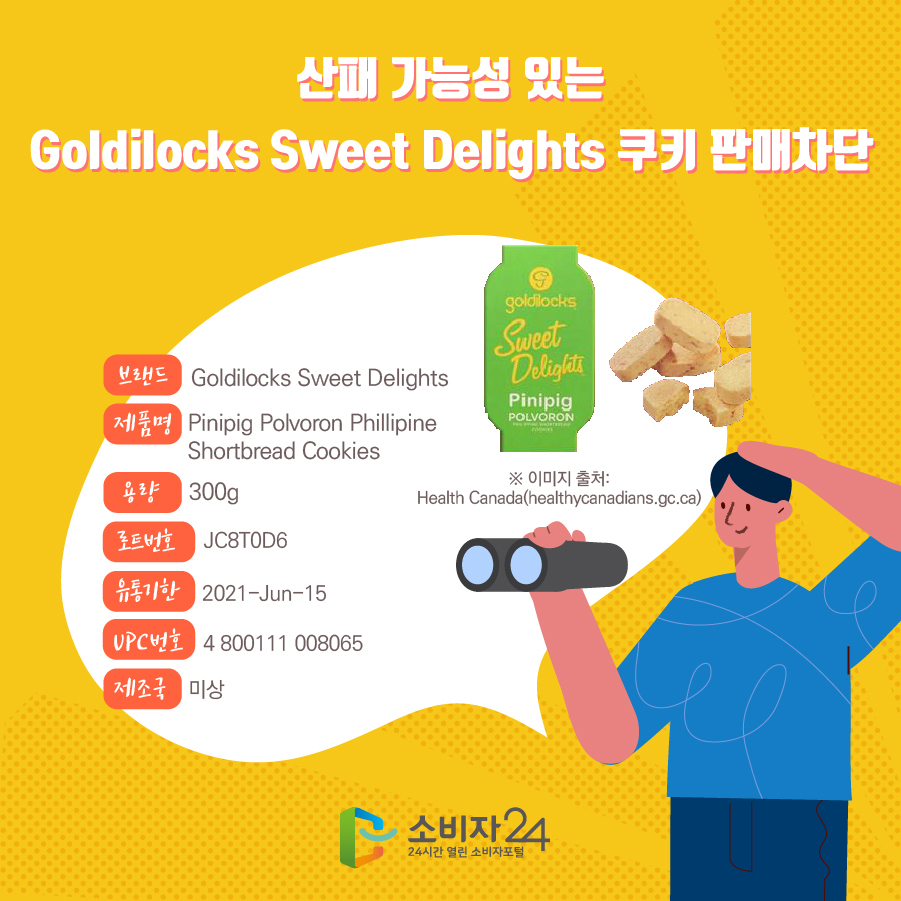 산패 가능성 있는 Goldilocks Sweet Delights 쿠키 판매차단 브랜드 Goldilocks Sweet Delights 제품명 Pinipig Polvoron Phillipine Shortbread Cookies 용량 300g 로트번호 JC8T0D6 유통기한 2021-Jun-15 UPC번호 4 800111 008065 제조국 미상 ※ 이미지 출처: Health Canada(healthycanadians.gc.ca)