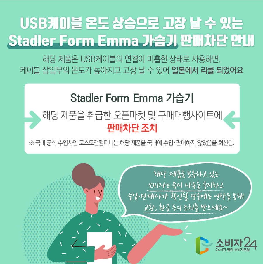 USB케이블 온도 상승으로 고장 날 수 있는 Stadler Form Emma 가습기 판매차단 안내 해당 제품은 USB케이블의 연결이 미흡한 상태로 사용하면, 케이블 삽입부의 온도가 높아지고 고장 날 수 있어 일본에서 리콜 되었어요 Stadler Form Emma 가습기 해당 제품을 취급한 오픈마켓 및 구매대행사이트에 판매차단 조치 ※ 국내 공식 수입사인 코스모앤컴퍼니는 해당 제품을 국내에 수입·판매하지 않았음을 회신함. 해당 제품을 보유하고 있는 소비자는 즉시 사용을 중지하고 수입·판매사가 확인될 경우에는 연락을 통해 교환, 환급 등의 조치를 받으세요~