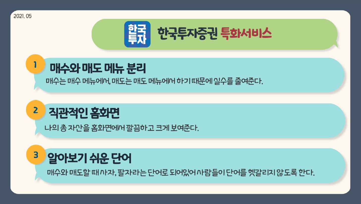 한국투자증권 특화서비스 1. 매수와 매도의 메뉴 분리 매수는 매수 메뉴에서, 매도는 매도에서 하기 때문에 실수를 줄여준다. 2. 직관적인 홈화면 나의 총 자산을 홈화면에서 깔끔하고 크게 보여준다. 3. 알아보기 쉬운 단어 매수와 매도할 때 사자, 팔자라는 단어로 되어있어 사람들이 단어를 헷갈리지 않도록 한다.