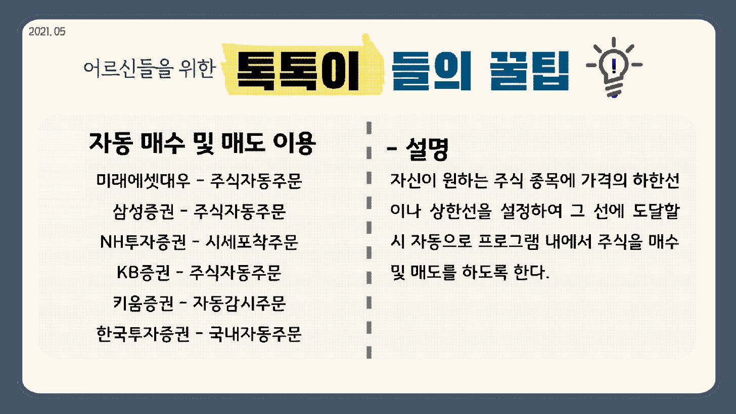 2021.05 어르신들을 위한 톡톡이들의 꿀팁 자동 매수 및 매도 이용 미래에셋대우 – 주식자동주문 삼성증권 – 주식자동주문 NH투자증권 – 시세포착주문 KB증권 – 주식자동주문 키움증권 – 자동감시주문 한국투자증권 – 국내자동주문 - 설명 자신이 원하는 주식 종목에 가격의 하한선이나 상한선을 설정하여 그 선에 도달할 시 자동으로 프로그램 내에서 주식을 매수 및 매도를 하도록 한다.