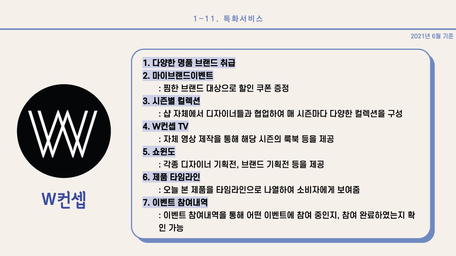 1) W컨셉 1. 다양한 명품 브랜드 취급 2. 마이브랜드이벤트: 찜한 브랜드 대상으로 할인 쿠폰 증정 3. 시즌별 컬렉션: 샵 자체에서 디자이너들과 협업하여 매 시즌마다 다양한 컬렉션을 구성 4. W컨셉 TV: 자체 영상 제작을 통해 해당 시즌의 룩북 등을 제공 5. 쇼윈도: 각종 디자이너 기획전, 브랜드 기획전 등을 제공 6. 제품 타임라인: 오늘 본 제품을 타임라인으로 나열하여 소비자에게 보여줌 7. 이벤트 참여내역: 이벤트 참여내역을 통해 어떤 이벤트에 참여 중인지, 참여 완료하였는지 확인 가능 