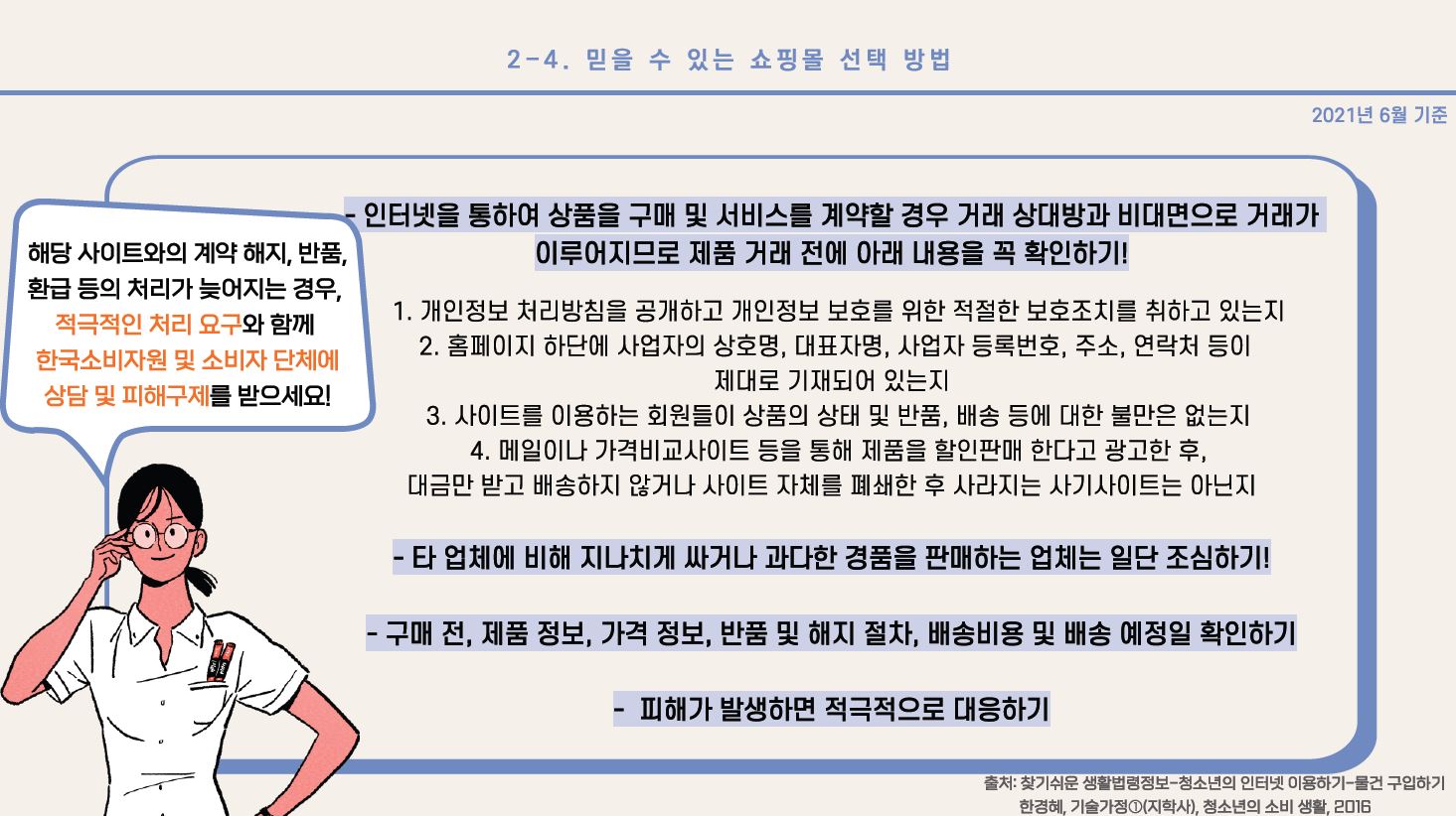 - 인터넷을 통하여 상품을 구매 및 서비스를 계약할 경우 거래 상대방과 비대면으로 거래가 이루어지므로 제품 거래 전에 아래 내용을 꼭 확인하기! 1. 개인정보 처리방침을 공개하고 개인정보 보호를 위한 적절한 보호조치를 취하고 있는지 2. 홈페이지 하단에 사업자의 상호명, 대표자명, 사업자 등록번호, 주소, 연락처 등이 제대로 기재되어 있는지 3. 사이트를 이용하는 회원들이 상품의 상태 및 반품, 배송 등에 대한 불만은 없는지 4. 메일이나 가격비교사이트 등을 통해 제품을 할인판매 한다고 광고한 후, 대금만 받고 배송하지 않거나 사이트 자체를 폐쇄한 후 사라지는 사기사이트는 아닌지 - 타 업체에 비해 지나치게 싸거나 과다한 경품을 판매하는 업체는 일단 조심하기! - 구매 전, 제품 정보, 가격 정보, 반품 및 해지 절차, 배송비용 및 배송 예정일 확인하기 - 피해가 발생하면 적극적으로 대응하기 * 해당 사이트와의 계약 해지, 반품, 환급 등의 처리가 늦어지는 경우, 적극적인 처리 요구와 함께 한국소비자원 및 소비자 단체에 상담 및 피해구제를 받으세요! 출처: 찾기쉬운 생활법령정보-청소년의 인터넷 이용하기-물건 구입하기/ 한경혜, 기술가정①(지학사), 청소년의 소비 생활, 2016 