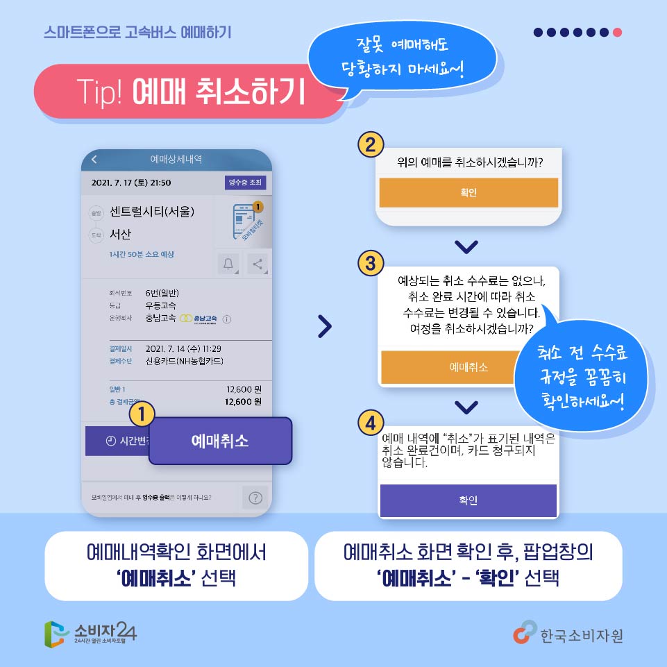 <한 가지 더, 예매취소하기> 잘못 예매했거나 일정이 변경되었더라도 당황하지 마세요~ 예매내역 화면에서 ‘예매취소’를 선택하고 취소되기 전 취소 수수료 규정 등을 꼼꼼하게 확인 후 취소를 완료하시면 됩니다.