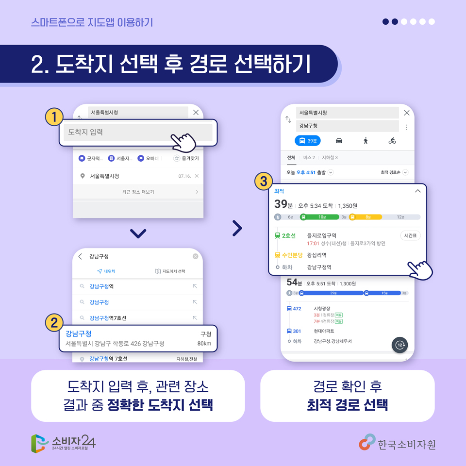 2. 도착지 선택 후 경로 선택하기 ①~② 도착지 입력 후 관련장소 결과 중 정확한 도착지 선택 ③ 경로 확인 후 최적 경로 선택