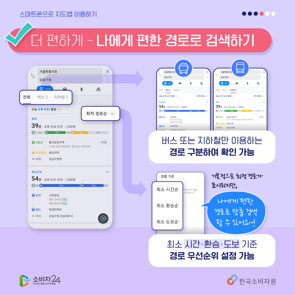 더 편하게) 나에게 편한 경로로 검색하기 / 지하철 또는 버스만 이용하는 경로 구분하여 확인 가능 / 최소 시간, 최소 환승, 최소 도보 기준 경로 우선순위 설정 가능 (기본적으로 최적 경로가 표시되지만, 나에게 편한 경로로 맞춤검색 할 수 있어요~)