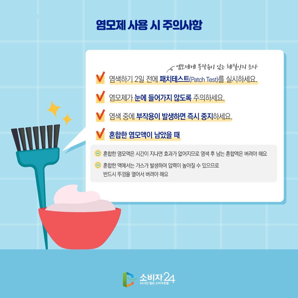 염모제 사용 시 주의사항 염색하기 2일 전에 패치테스트(Patch Test) (염모제에 부작용이 있는 체질인지 조사)를 실시하세요. 염모제가 눈에 들어가지 않도록 주의하세요. 염색 중에 부작용이 발생하면 즉시 중지하세요. 혼합한 염모액이 남았을 때 - 혼합한 염모액은 시간이 지나면 효과가 없어지므로 염색 후 남는 혼합액은 버려야 해요 - 혼합한 액에서는 가스가 발생하여 압력이 높아질 수 있으므로 반드시 뚜껑을 열어서 버려야 해요 