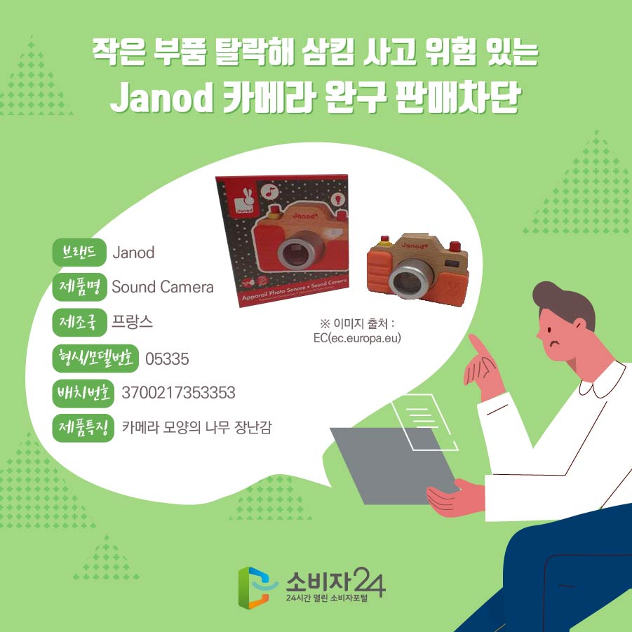 작은 부품 탈락해 삼킴 사고 위험 있는 Janod 카메라 완구 판매차단 브랜드 Janod 제품명 Sound Camera 제조국 프랑스 형식/모델번호 05335 배치번호 3700217353353  제품특징 카메라 모양의 나무 장난감 ※ 이미지 출처 : EC(ec.europa.eu)