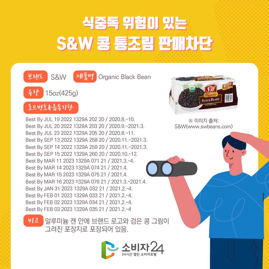 식중독 위험이 있는 S&W 콩 통조림 판매차단 브랜드 S&W 제품명 Organic Black Bean 용량 15oz(425g) 로트번호&유통기한 Best By JUL 19 2022 1329A 202 20 / 2020.8.~10. Best By JUL 20 2022 1329A 203 20 / 2020.9.~2021.3. Best By JUL 23 2022 1329A 205 20 / 2020.8.~11. Best By SEP 13 2022 1329A 258 20 / 2020.11.~2021.3. Best By SEP 14 2022 1329A 259 20 / 2020.11.~2021.3. Best By SEP 15 2022 1329A 260 20 / 2020.10.~12. Best By MAR 11 2023 1329A 071 21 / 2021.3.~4. Best By MAR 14 2023 1329A 074 21 / 2021.4. Best By MAR 15 2023 1329A 075 21 / 2021.4. Best By MAR 16 2023 1329A 076 21 / 2021.3.~2021.4. Best By JAN 31 2023 1329A 032 21 / 2021.2.~4. Best By FEB 01 2023 1329A 033 21 / 2021.2.~4. Best By FEB 02 2023 1329A 034 21 / 2021.2.~4. Best By FEB 03 2023 1329A 035 21 / 2021.2.~4 비고 알루미늄 캔 안에 브랜드 로고와 검은 콩 그림이 그려진 포장지로 포장되어 있음. ※ 이미지 출처: S&W(www.swbeans.com) 