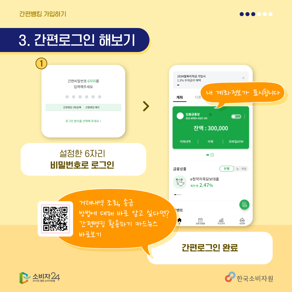 <세번째, 간편로그인해보기> 설정한 6자리 비밀번호로 로그인하면 간편로그인 완료! 내 계좌정보가 표시됩니다. 거래내역 조회, 송금 방법에 대해 바로 알고 싶다면 간편뱅킹 활용하기 카드뉴스 바로보기 – QR코드를 카메라로 촬영해보세요