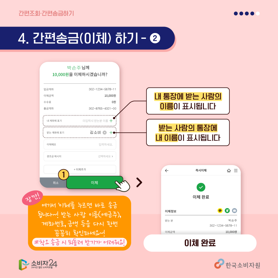 <네번째, 간편송금하기> 그럼 마지막으로 송금 직전 이체정보를 확인하는 화면이 표시되는데요, 착오 송금시 되돌려 받기가 어려우므로, 받는 사람, 계좌번호, 금액 등을 다시 한번 꼼꼼히 확인해주세요! 모두 꼼꼼히 확인 후 하단의 이체를 누르면 이체 완료! 