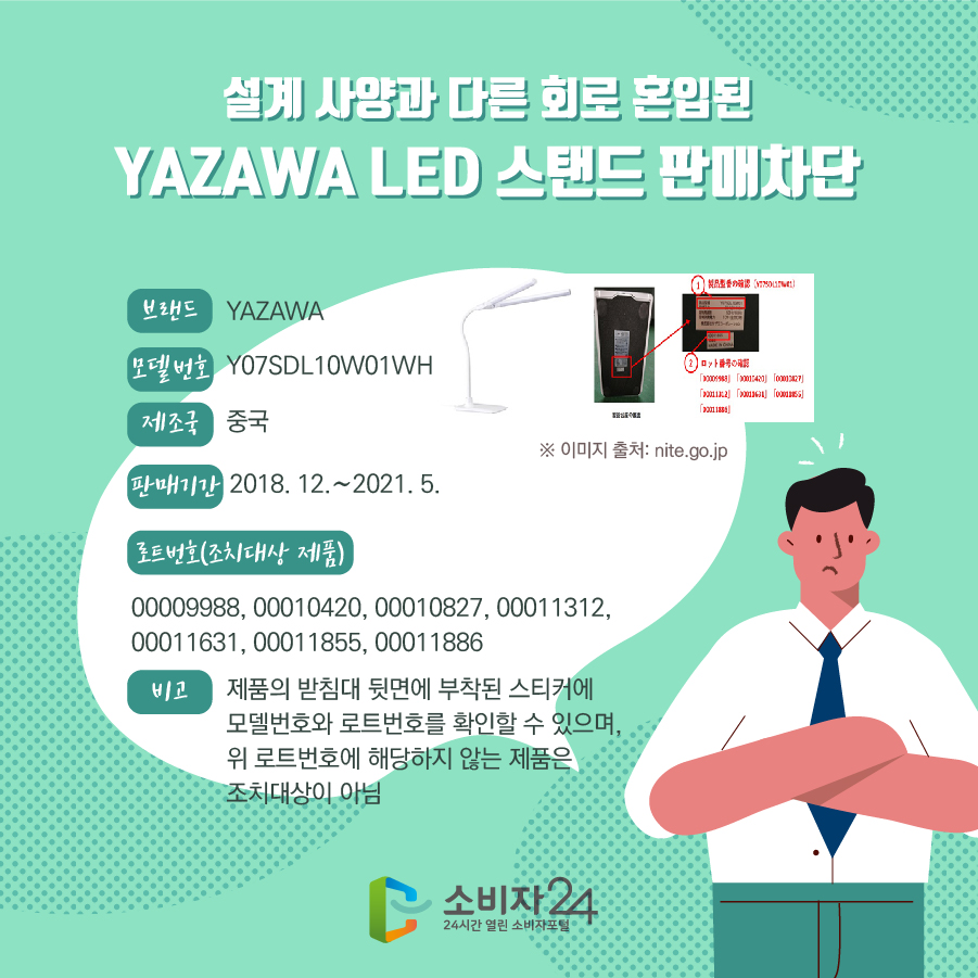 설계 사양과 다른 회로 혼입된 YAZAWA LED 스탠드 판매차단 브랜드 YAZAWA 모델번호 Y07SDL10W01WH 제조국 중국 판매기간 2018. 12.~2021. 5. 로트번호(조치대상 제품) 00009988, 00010420, 00010827, 00011312, 00011631, 00011855, 00011886 비고 제품의 받침대 뒷면에 부착된 스티커에 모델번호와 로트번호를 확인할 수 있으며, 위 로트번호에 해당하지 않는 제품은 조치대상이 아님