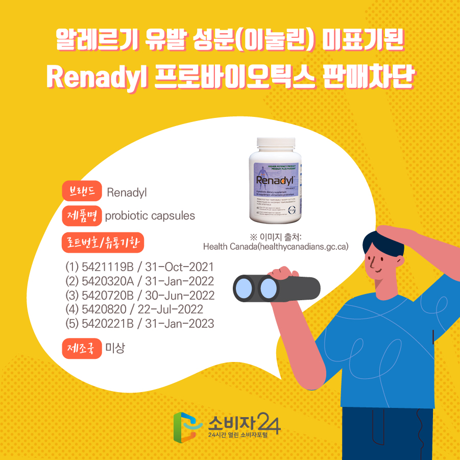 알레르기 유발 성분(이눌린) 미표기된 Renadyl 프로바이오틱스 판매차단 브랜드 Renadyl 제품명 probiotic capsules 로트번호/유통기한 (1) 5421119B / 31-Oct-2021 (2) 5420320A / 31-Jan-2022 (3) 5420720B / 30-Jun-2022 (4) 5420820 / 22-Jul-2022 (5) 5420221B / 31-Jan-2023 제조국 미상 ※ 이미지 출처:Health Canada(healthycanadians.gc.ca)