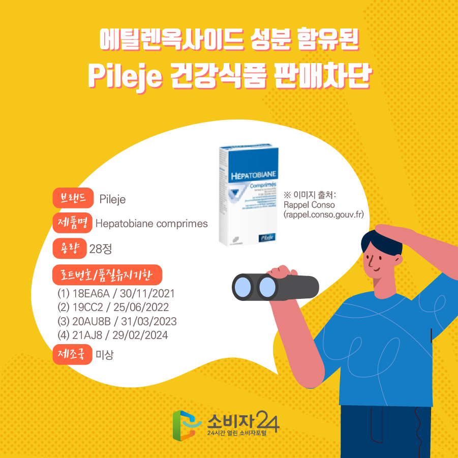 에틸렌옥사이드 성분 함유된 Pileje 건강식품 판매차단 브랜드 Pileje 제품명 Hepatobiane comprimes  용량 28정 로트번호/품질유지기한 (1) 18EA6A / 30/11/2021 (2) 19CC2 / 25/06/2022 (3) 20AU8B / 31/03/2023 (4) 21AJ8 / 29/02/2024 제조국 미상 ※ 이미지 출처: Rappel Conso(rappel.conso.gouv.fr)