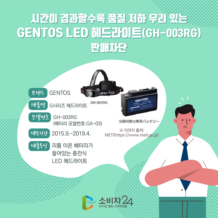 시간이 경과할수록 품질 저하 우려 있는 GENTOS LED 헤드라이트(GH-003RG) 판매차단 브랜드 GENTOS 제품명 G시리즈 헤드라이트 모델번호 GH-003RG (배터리 모델번호:GA-03) 제조기간 2015.9.~2019.4. 제품특징 리튬 이온 배터리가 들어있는 충전식 LED 헤드라이트 ※ 이미지 출처:METI(https://www.meti.go.jp)