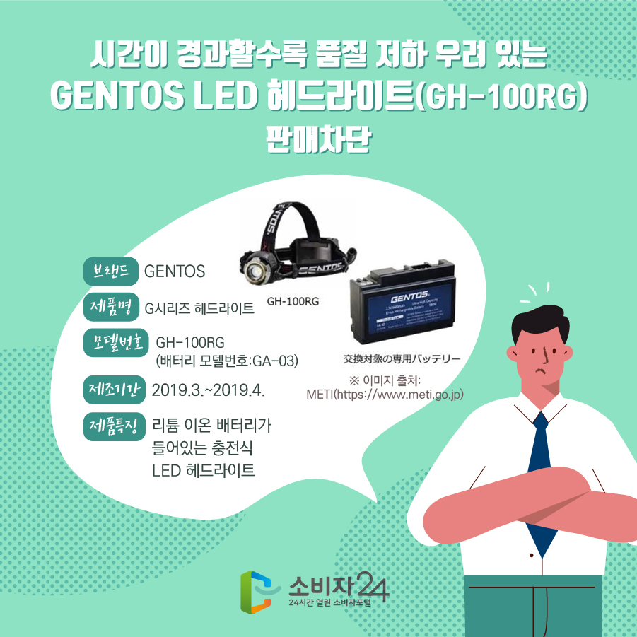  시간이 경과할수록 품질 저하 우려 있는 GENTOS LED 헤드라이트(GH-100RG) 판매차단 브랜드 GENTOS 제품명 G시리즈 헤드라이트 모델번호 GH-100RG (배터리 모델번호:GA-03) 제조기간2019.3.~2019.4. 제품특징 리튬 이온 배터리가 들어있는 충전식 LED 헤드라이트 ※ 이미지 출처: METI(https://www.meti.go.jp) 