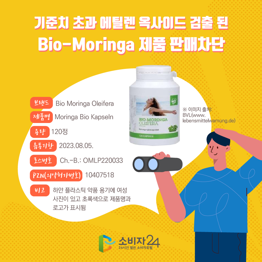 기준치 초과 에틸렌 옥사이드 검출 된 Bio-Moringa 제품 판매차단 브랜드 Bio Moringa Oleifera 제품명 Moringa Bio Kapseln 용량 120정 유통기한 2023.08.05. 로스번호 Ch.-B.: OMLP220033 PZN(의약허가번호) 10407518 비고 하얀 플라스틱 약품 용기에 여성 사진이 있고 초록색으로 제품명과 로고가 표시됨 ※ 이미지 출처: BVL(www.lebensmittelwarnung.de)