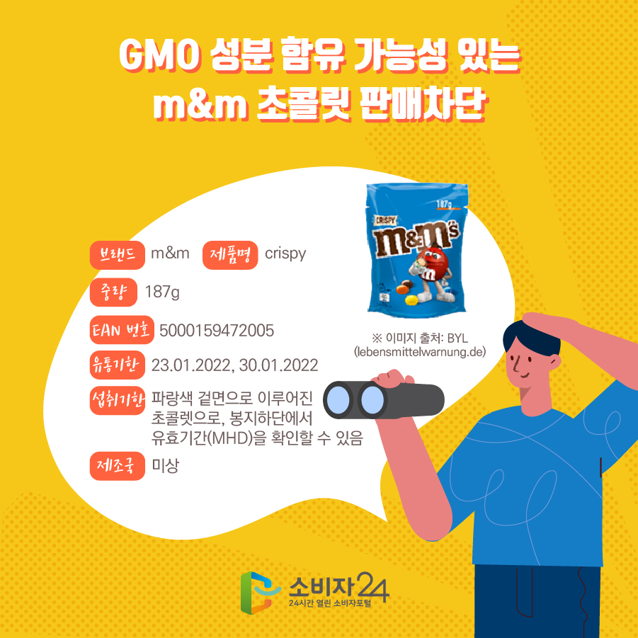 GMO 성분 함유 가능성 있는 m&m 초콜릿 판매차단 브랜드 Bubs Organic 제품명 Baby Banana Rice Cereal 중량 125g 섭취기한 2021.9.29. 제조국 호주 ※ 이미지 출처: CFS(cfs.gov.hk)