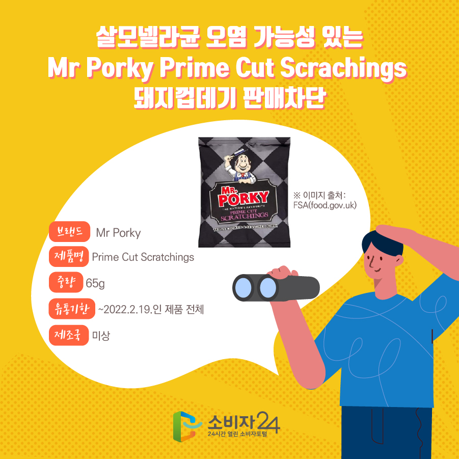 살모넬라균 오염 가능성 있는 Mr Porky Prime Cut Scrachings  돼지껍데기 판매차단 브랜드 Mr Porky 제품명 Prime Cut Scratchings 중량 65g 유통기한 ~2022.2.19.인 제품 전체  제조국 미상 ※ 이미지 출처: FSA(food.gov.uk)  