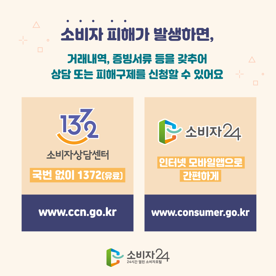 소비자 피해가 발생하면, 거래내역, 증빙서류 등을 갖추어 상담 또는 피해구제를 신청할 수 있어요 1372 소비자상담센터 국번 없이 1372(유료) www.ccn.go.kr 소비자24 인터넷 모바일앱으로 간편하게 www.consumer.go.kr
