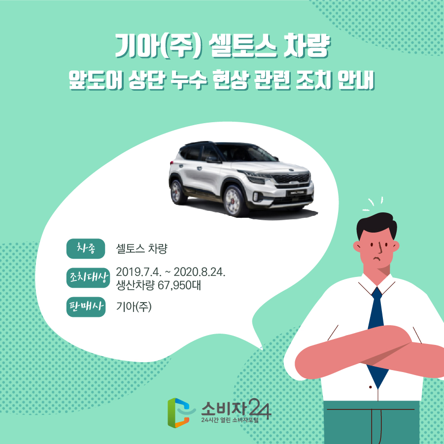 기아(주) 셀토스 차량 앞도어 상단 누수 현상 관련 조치 안내 차종 셀토스 차량 조치대상 2019.7.4. ~ 2020.8.24. 생산차량 67,950대 제조·판매사 기아(주)