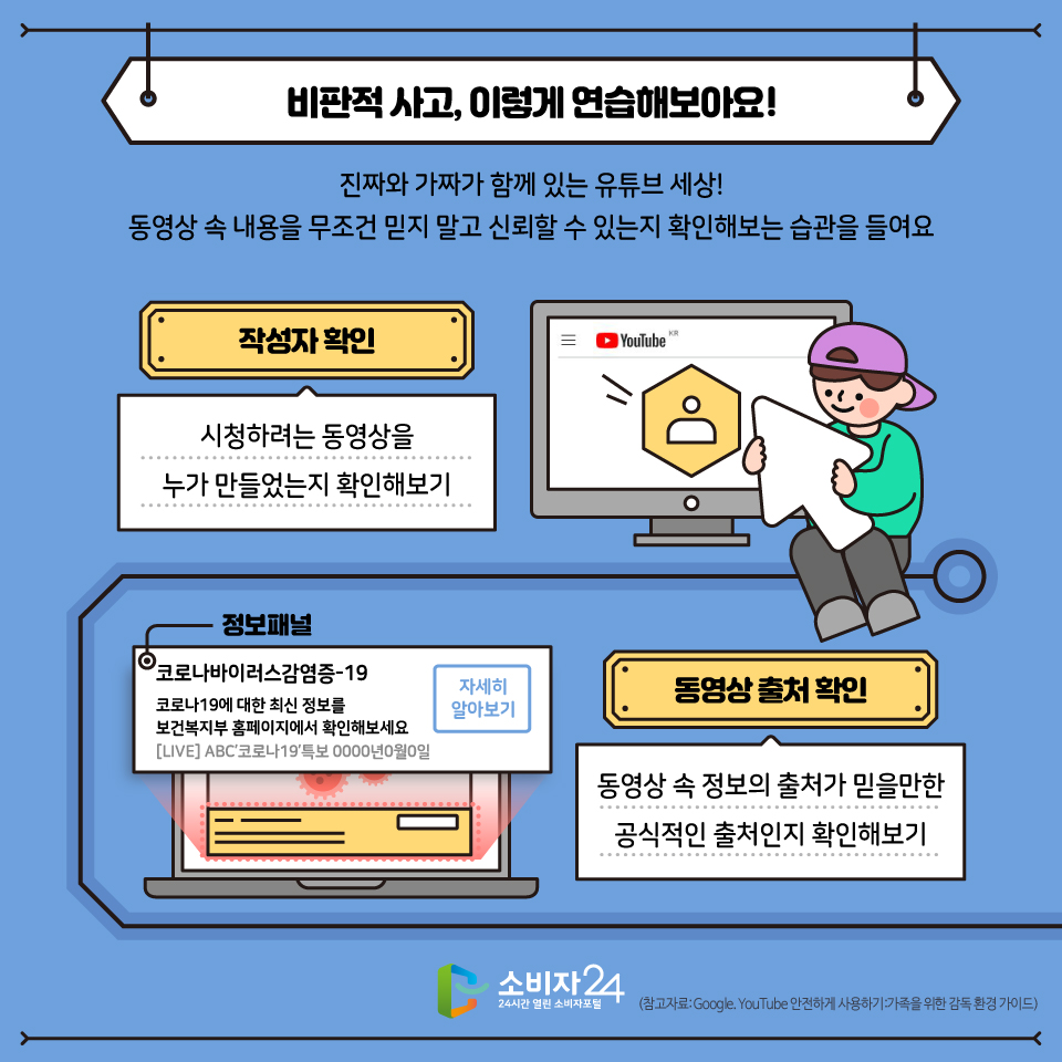 진짜와 가짜가 함께 있는 유튜브 세상! 동영상 속에 있는 내용을 무조건 믿지 말고 신뢰할 수 있는지 확인해 보는 습관이 필요한데요 이런 비판적 사고, 함께 연습해보아요 시청하는 동영상을 누가 만들었는지 확인하고, 동영상 속 정보의 출처가 믿을만한 공식적인 출처를 확인합시다