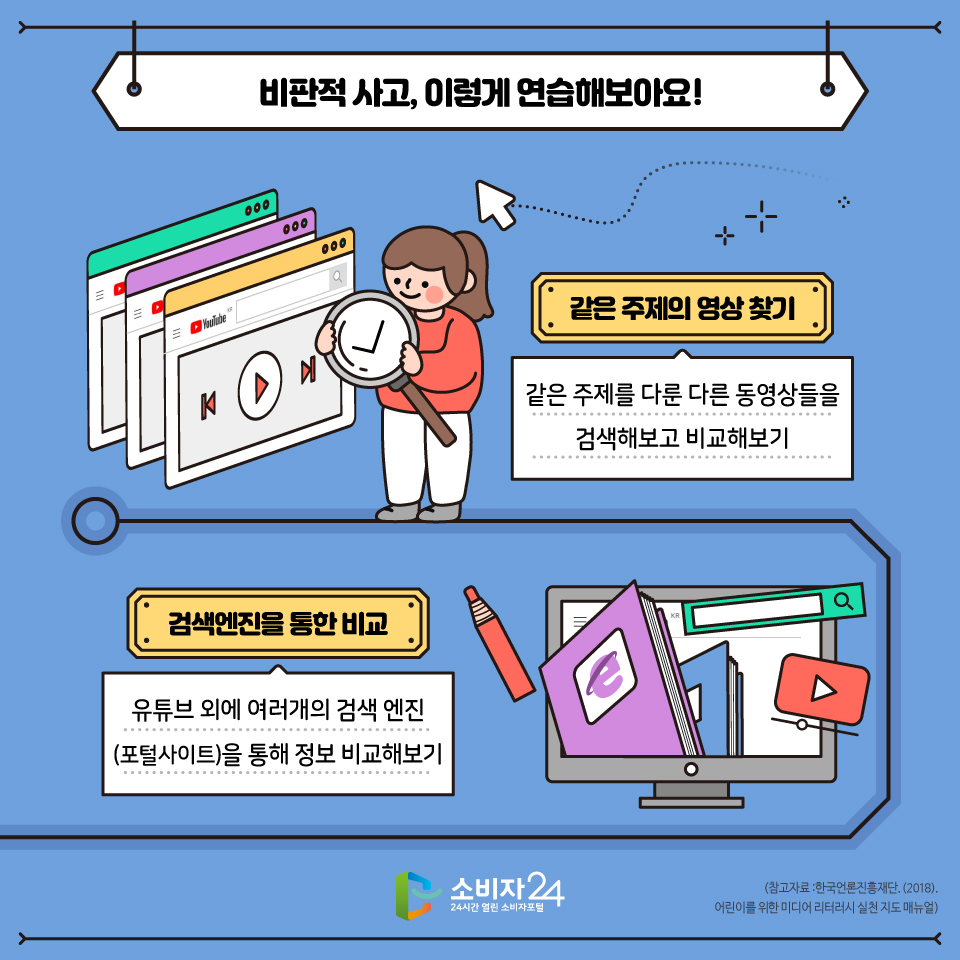 또 같은 주제를 다룬 다른 동영상들을 검색해보고 비교하고, 그리고 유튜브 외에 여러 개의 검색 엔진을 통해서도 정보를 비교해 보아요 