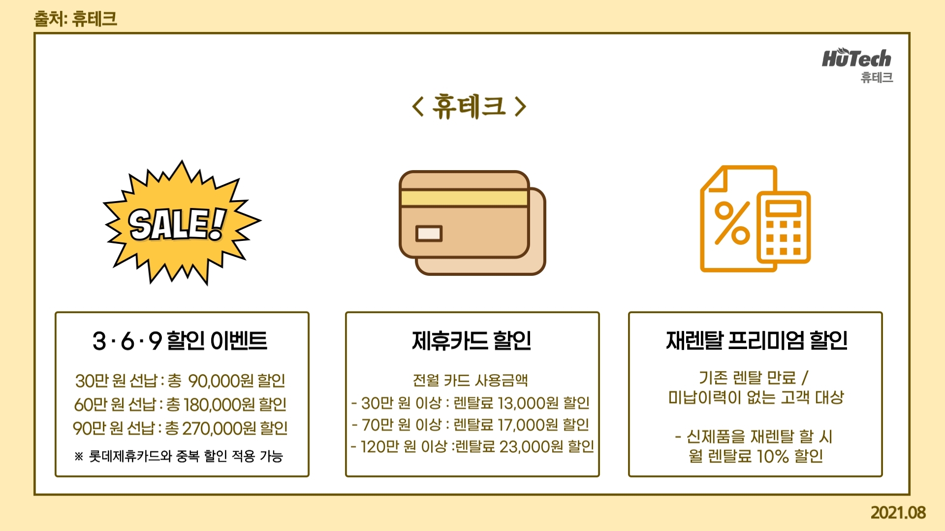 휴테크 3 · 6 · 9 할인 이벤트 30만 원 선납 총 90,000원 할인 60만 원 선납 총 180,000원 할인 90만 원 선납 총 270,000원 할인 롯데제휴카드와 중복 할인 적용 가능 제휴카드 할인 전월 카드 사용금액 30만 원 이상 당월 렌탈료 13,000원 할인 70만 원 이상 당월 렌탈료 17,000원 할인 20만 원 이상 당월 렌탈료 23,000원 할인 재렌탈 프리미엄 할인 기존 렌탈 만료 / 미납이력이 없는 고객 대상 신제품을 재렌탈 할 시 월 렌탈료 10% 할인