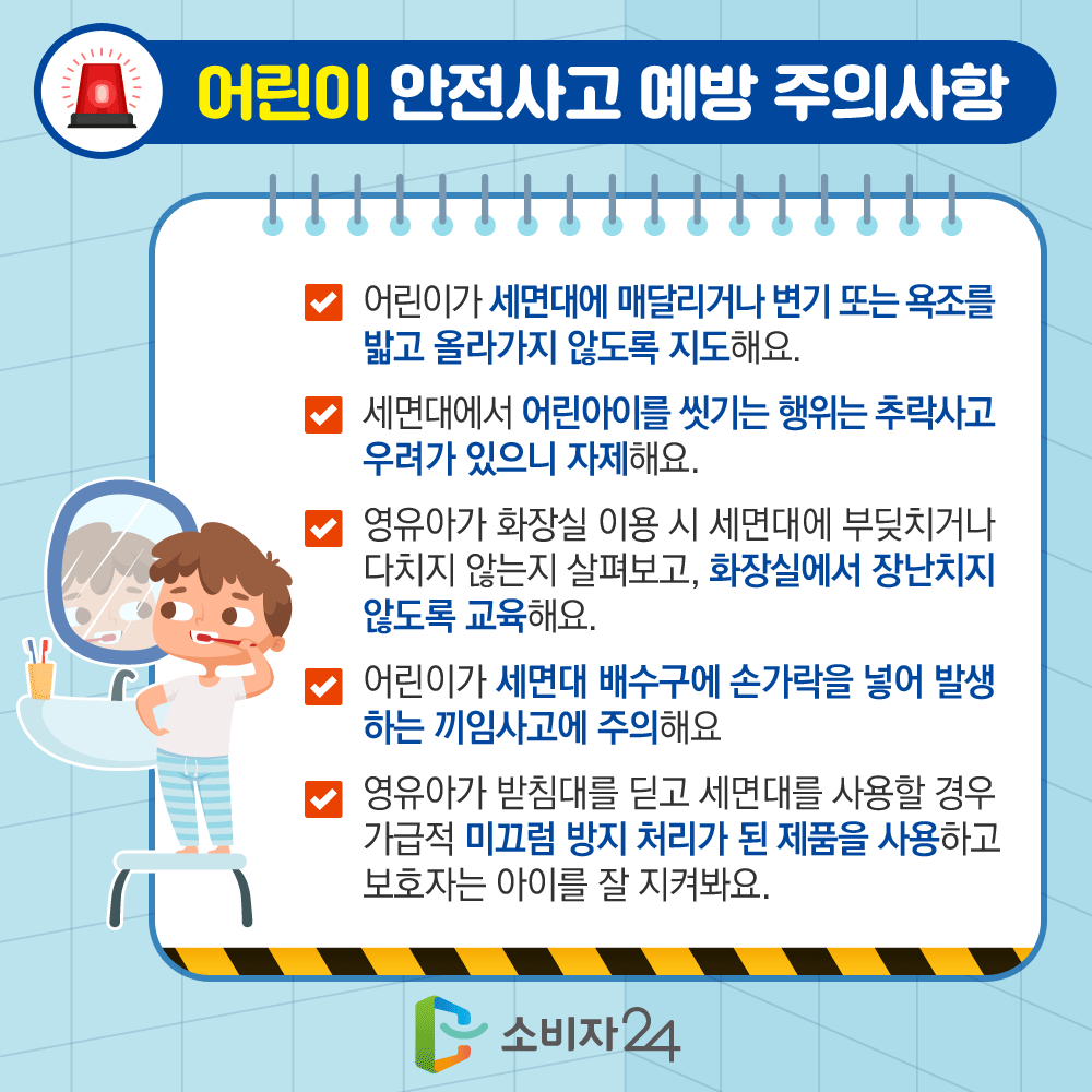 7. 어린이 안전사고 예방 주의사항 어린이가 세면대에 매달리거나 변기 또는 욕조를 밟고 올라가지 앉도록 지도해요. 세면대에서 어린아이를 씻기는 행위는 추락사고 우려가 있으니 자제해요. 영유아가 화장실 이용 시 세면대에 부딪치거나 다치지 않는지 살펴보고, 화장실에서 장난치지 않도록 교육해요. 어린이가 세면대 배수구에 손가락을 넣어 발생하는 끼임사고에 주의해요. 영유아가 받침대를 딛고 세면대를 사용할 경우 가급적 미끄럼 방지 처리가 된 제품을 사용하고 보호자는 아이를 잘 지켜봐요. 소비자24