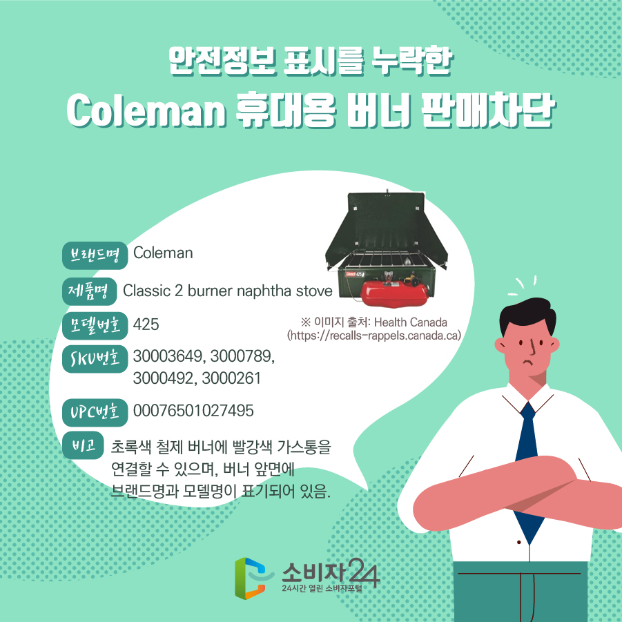 안전정보 표시를 누락한 Coleman 휴대용 버너 판매차단 브랜드명 Coleman 제품명 Classic 2 burner naphtha stove 모델번호 425 SKU번호 30003649, 3000789, 3000492, 3000261 UPC번호 00076501027495 비고 초록색 철제 버너에 빨강색 가스통을 연결할 수 있으며, 버너 앞면에 브랜드명과 모델명이 표기되어 있음. ※ 이미지 출처: Health Canada (https://recalls-rappels.canada.ca)