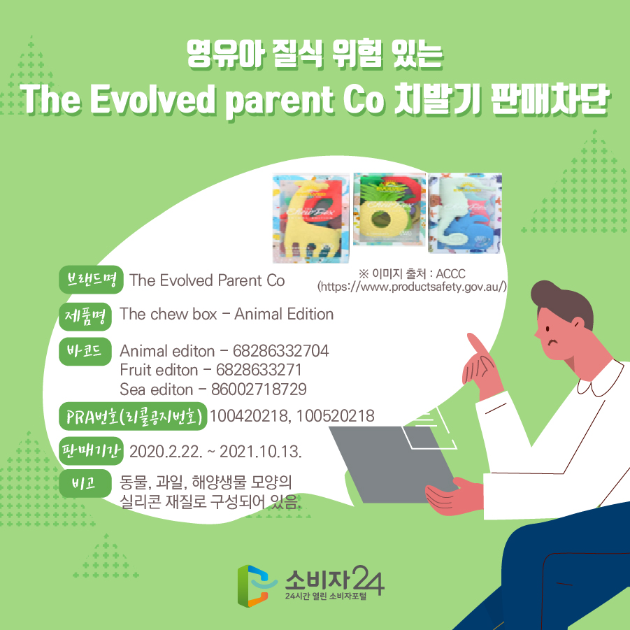 영유아 질식 위험 있는 The Evolved parent Co 치발기 판매차단 브랜드명 The Evolved Parent Co 제품명 The chew box - Animal Edition 바코드 Animal editon - 68286332704, Fruit editon - 6828633271, Sea editon - 86002718729 PRA번호(리콜공지번호) 100420218, 100520218 판매기간 2020.2.22. ~ 2021.10.13. 비고 동물, 과일, 해양생물 모양의 실리콘 재질로 구성되어 있음.