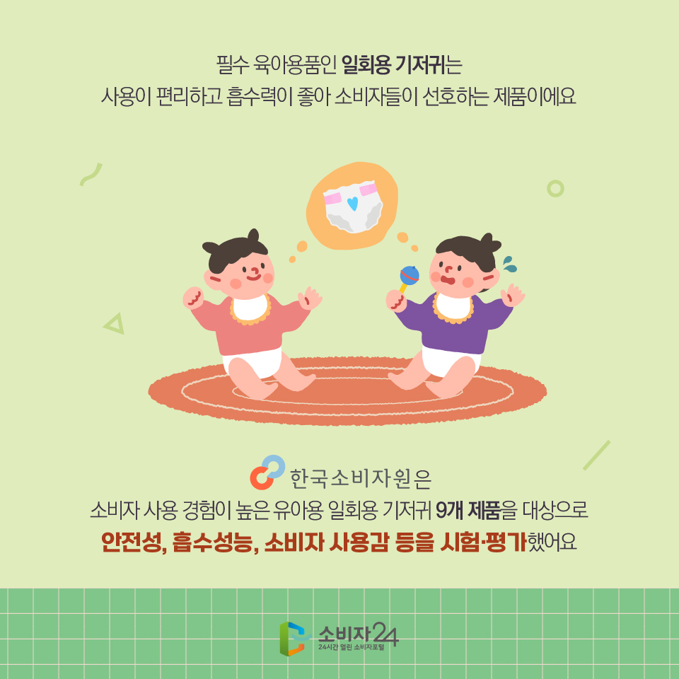 필수 육아용품인 일회용 기저귀는 사용이 편리하고 흡수력이 좋아 소비자들이 선호하는 제품이에요 한국소비자원은 소비자 사용 경험이 높은 유아용 일회용 기저귀 9개 제품을 대상으로 안전성, 흡수성능, 소비자 사용감 등을 시험·평가했습니다.