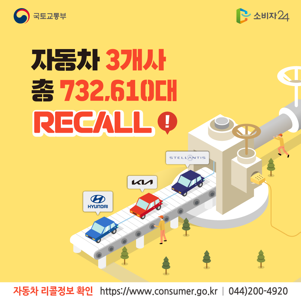 국토교통부 자동차 3개사 총 732610대 리콜 자동차 리콜정보 확인 소비자24 www.consumer.go.kr 044-200-4920