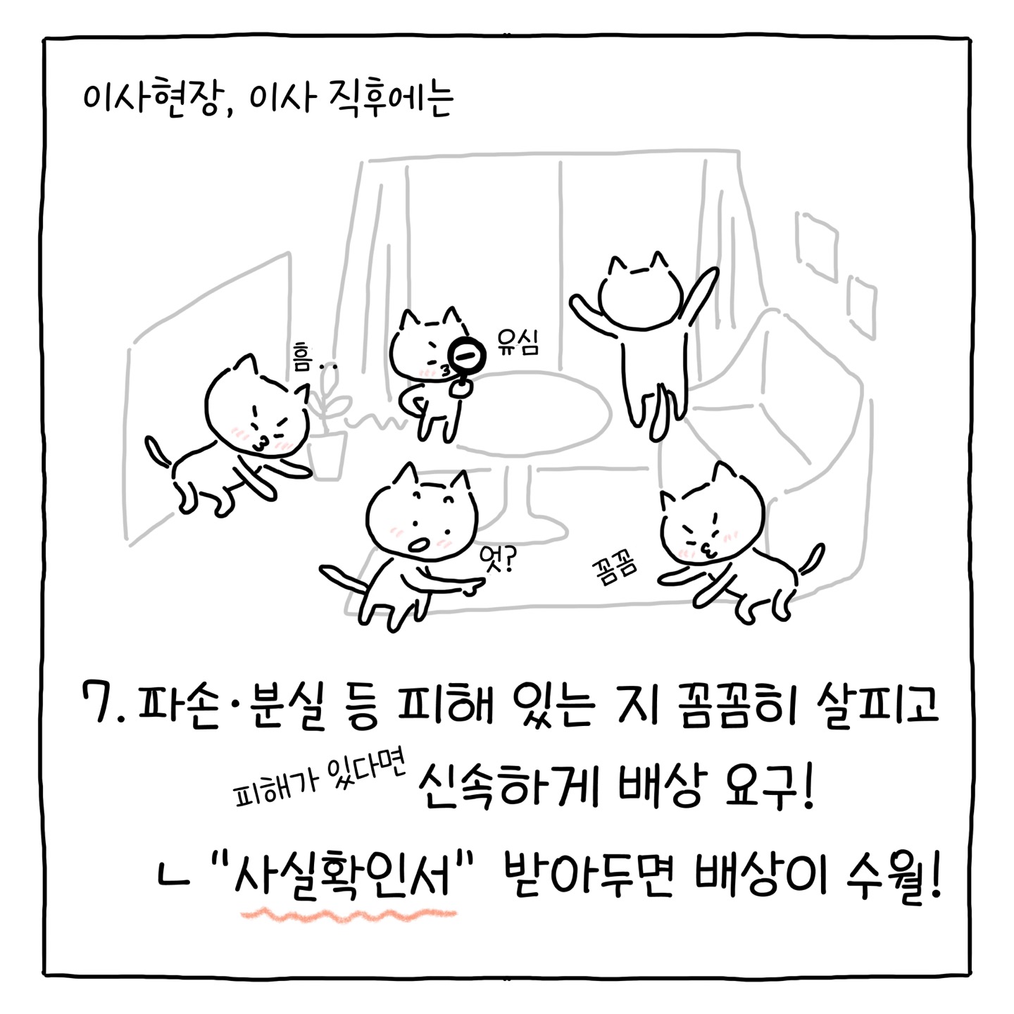 7. (이사현장, 이사 직후에는) 파손, 분실 등 피해 있는지 꼼꼼히 살피고, 피해가 있다면 신속하게 배상 요구 - 사실확인서 받아두면 배상이 수월!