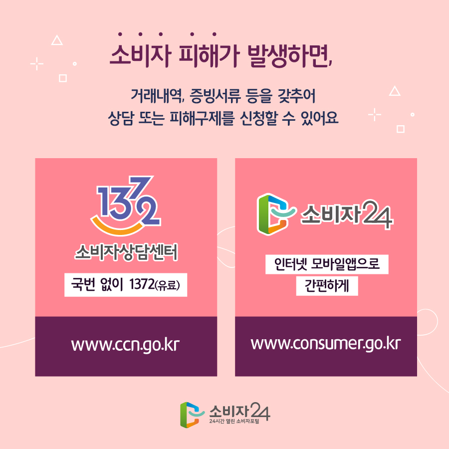 소비자 피해가 발생하면, 거래내역, 증빙서류 등을 갖추어 상담 또는 피해구제를 신청할 수 있어요 1372 소비자상담센터 국번없이 1372(유료) www.ccn.go.kr 소비자24 인터넷 모바일앱으로 간편하게 www.consumer.go.kr