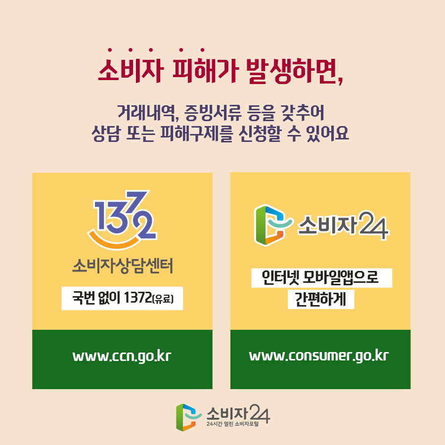 소비자 피해가 발생하면, 거래내역, 증빙서류 등을 갖추어 상담 또는 피해구제를 신청할 수 있어요 1372 소비자상담센터 국번없이 1372(유료) www.ccn.go.kr 소비자24 인터넷 모바일앱으로 간편하게 www.consumer.go.kr