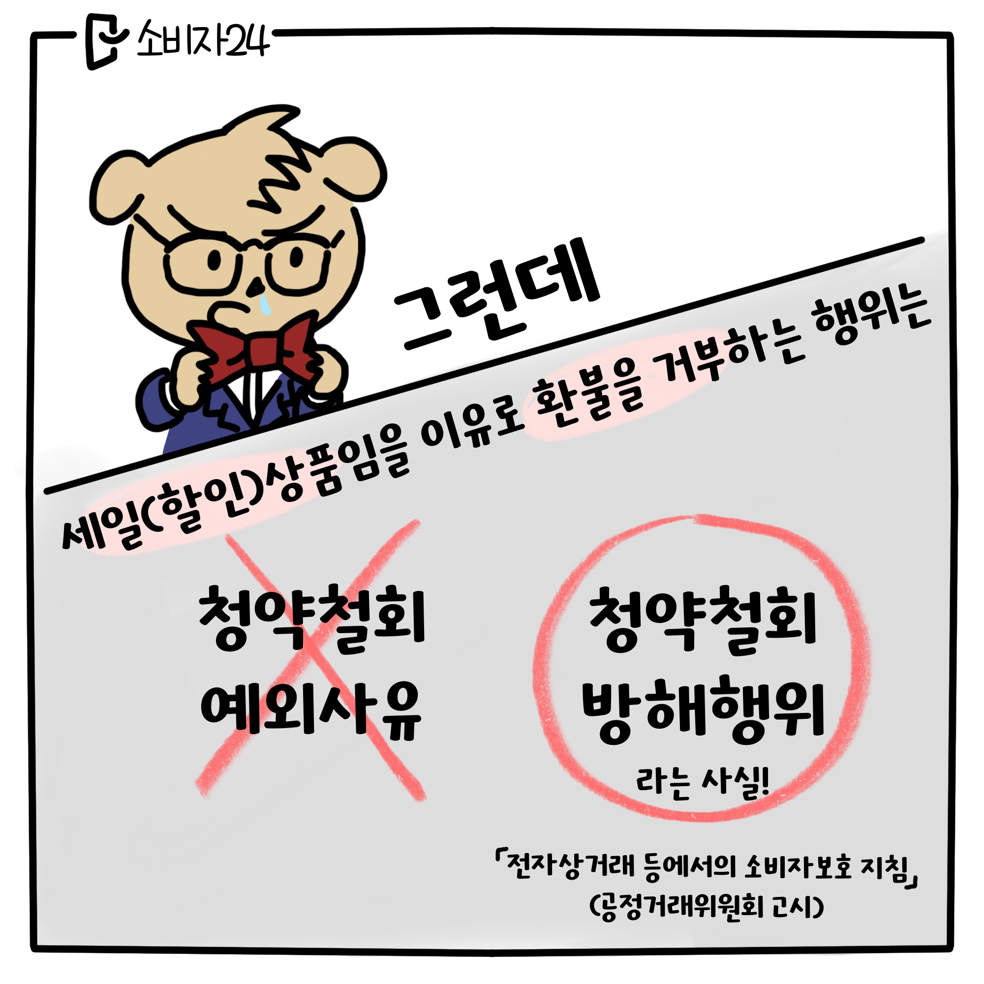 그런데 세일(할인)상품임을 이유로 환불을 거부하느 행위는 청약철회 예외사유(X), 청약철회 방해행위라는 사실! (「전자상거래 등에서의 소비자보호 지침」(공정거래위원회 고시)