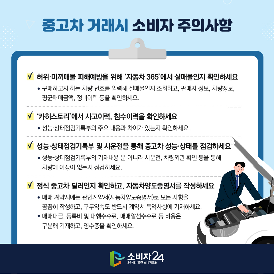 중고차 거래시 소비자 주의사항 1)허위·미끼매물 피해예방을 위해 ‘자동차 365’에서 실매물인지 확인하세요 - 구매하고자 하는 차량 번호를 입력해 실매물인지 조회하고, 판매자 정보, 차량정보, 평균매매금액, 정비이력 등을 확인하세요. 2)‘카히스토리’에서 사고이력, 침수이력을 확인하세요 - 성능·상태점검기록부의 주요 내용과 차이가 있는지 확인하세요. 3)성능·상태점검기록부 및 시운전을 통해 중고차 성능·상태를 점검하세요 - 성능·상태점검기록부의 기재내용 뿐 아니라 시운전, 차량외관 확인 등을 통해 차량에 이상이 없는지 점검하세요. 4)정식 중고차 딜러인지 확인하고, 자동차양도증명서를 작성하세요 - 매매 계약시에는 관인계약서(자동차양도증명서)로 모든 사항을 꼼꼼히 작성하고, 구두약속도 반드시 계약서 특약사항에 기재하세요. - 매매대금, 등록비 및 대행수수료, 매매알선수수료 등 비용은 구분해 기재하고, 영수증을 확인하세요.