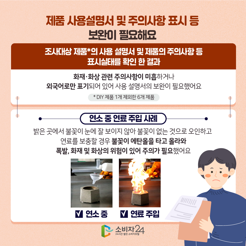 제품 사용설명서 및 주의사항 표시 등 보완이 필요해요 조사대상 제품*의 사용 설명서 및 제품의 주의사항 등 표시실태를 확인 한 결과 화재·화상 관련 주의사항이 미흡하거나 외국어로만 표기되어 있어 사용 설명서의 보완이 필요했어요 * DIY 제품 1개 제외한 6개 제품 연소 중 연료 주입 사례 밝은 곳에서 불꽃이 눈에 잘 보이지 않아 불꽃이 없는 것으로 오인하고 연료를 보충할 경우 불꽃이 에탄올을 타고 올라와 폭발, 화재 및 화상의 위험이 있어 주의가 필요했어요