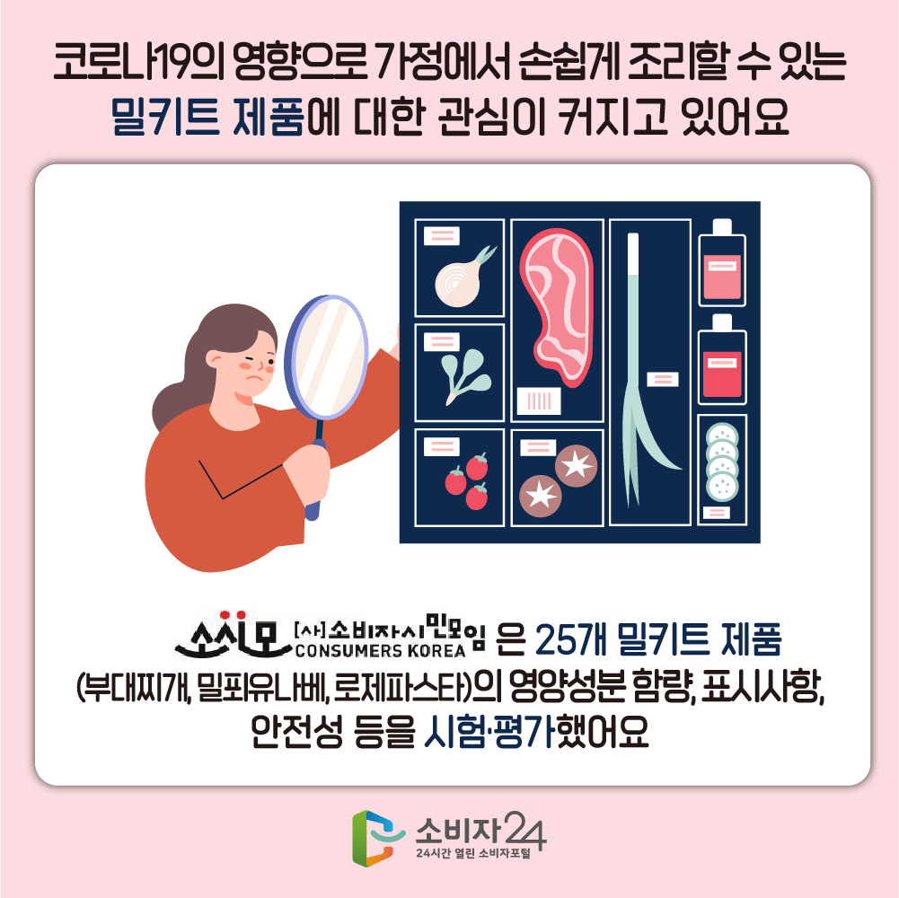 코로나19의 영향으로 가정에서 손쉽게 조리할 수 있는 밀키트 제품에 대한 관심이 커지고 있어요. 소비자시민모임은 25개 밀키트 제품(부대찌개, 밀푀유나베, 로제파스타)의 영양성분 함량, 표시사항, 안전성 등을 시험평가했어요