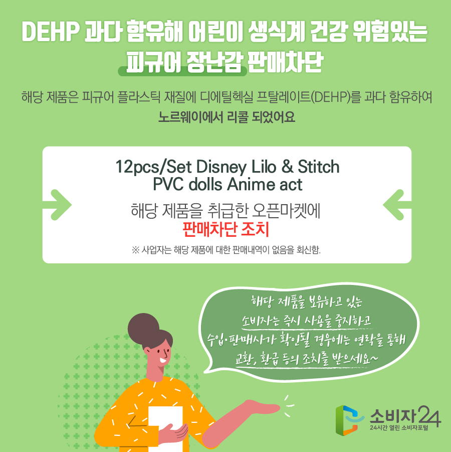 DEHP 과다 함유해 어린이 생식계 건강 위험있는 피규어 장난감 판매차단 해당 제품은 피규어 플라스틱 재질에 디에틸헥실 프탈레이트(DEHP)를 과다 함유하여 노르웨이에서 리콜 되었어요 12pcs/Set Disney Lilo & Stitch PVC dolls Anime act 해당 제품을 취급한 오픈마켓에 판매차단 조치 ※ 사업자는 해당 제품에 대한 판매내역이 없음을 회신함. 해당 제품을 보유하고 있는 소비자는 즉시 사용을 중지하고 수입·판매사가 확인될 경우에는 연락을 통해 교환, 환급 등의 조치를 받으세요~