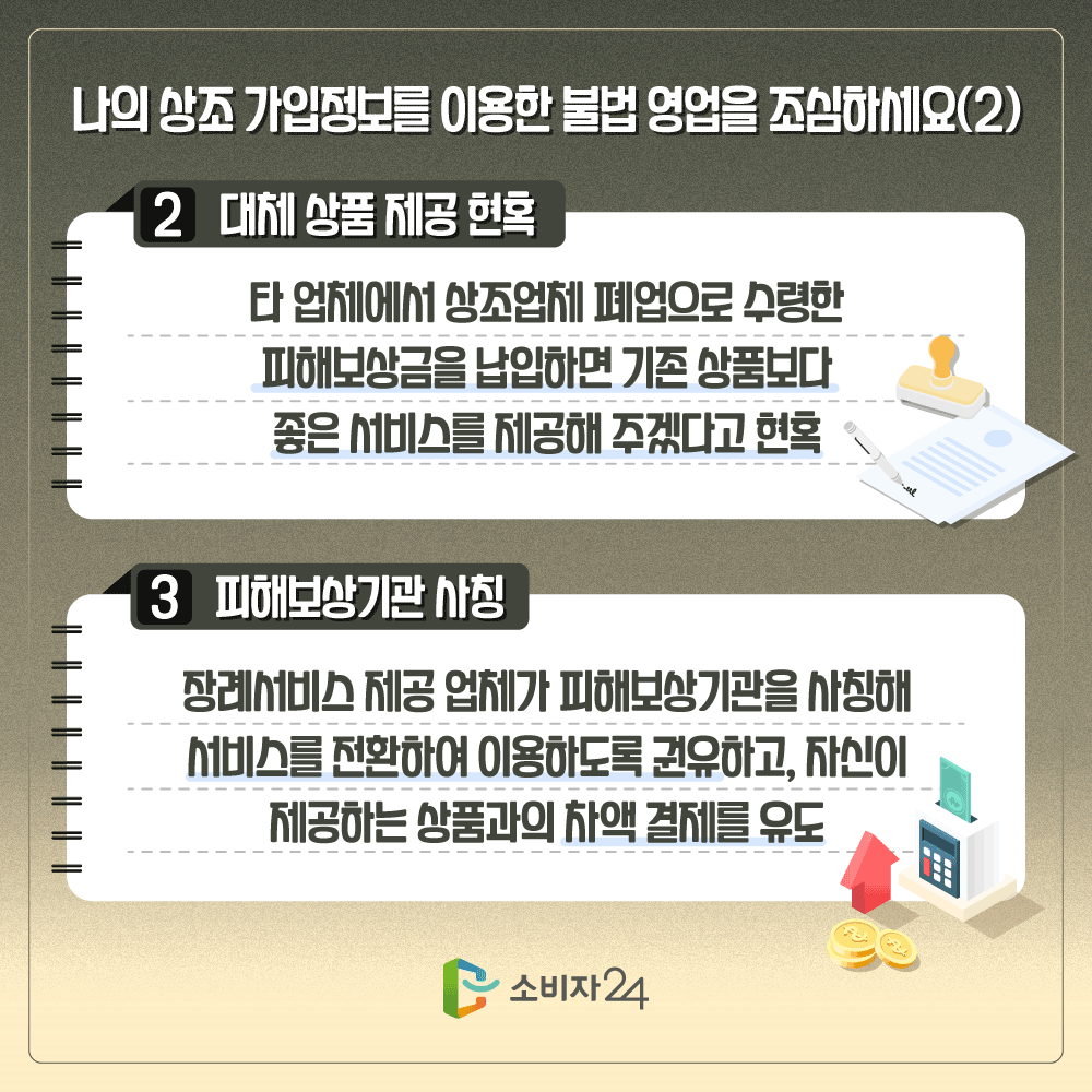 나의 상조 가입정보를 이용한 불법 영업을 조심하세요(2) 2.대체 상품 제공 현혹. 타 업체에서 상조업체 폐업으로 수령한 피해보상금을 납입하면 기존 상품보다 좋은 서비스를 제공해 주겠다고 현혹. 3. 피해보상기관 사칭. 장례서비스 제공 업체가 피해보상기관을 사칭해 서비스를 전환하여 이용하도록 권유하고, 자신이 제공하는 상품과의 차액 결제를 유도