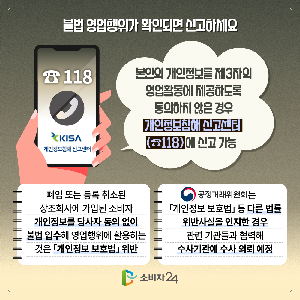 불법 영업행위가 확인되면 신고하세요. 118 KISA 개인정보침해 신고센터. 본인의 개인정보를 제3자의 영업활동에 제공하도록 동의하지 않은 경우 개인정보침해신고센터(118)에 신고 가능. 폐업 또는 등록 취소된 상조회사에 가입된 소비자 개인정보를 당사자 동의 없이 불법 입수해 영업행위에 활용하는 것은 「개인정보 보호법」위반. 공정거래위원회는 「개인정보 보호법」등 다른 법률 위반사실을 인지한 경우 관련 기관들과 협력해 수사기관에 수사 의뢰 예정