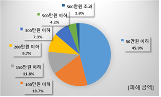 피해금액 50만원이하 45.9%, 100만원 이하 18.7%, 150만원 이하 11.8%, 200만원 이하 9.7%, 300만원 이하 7.9%, 500만원 이하 4.2%, 500만원 초과 1.8%