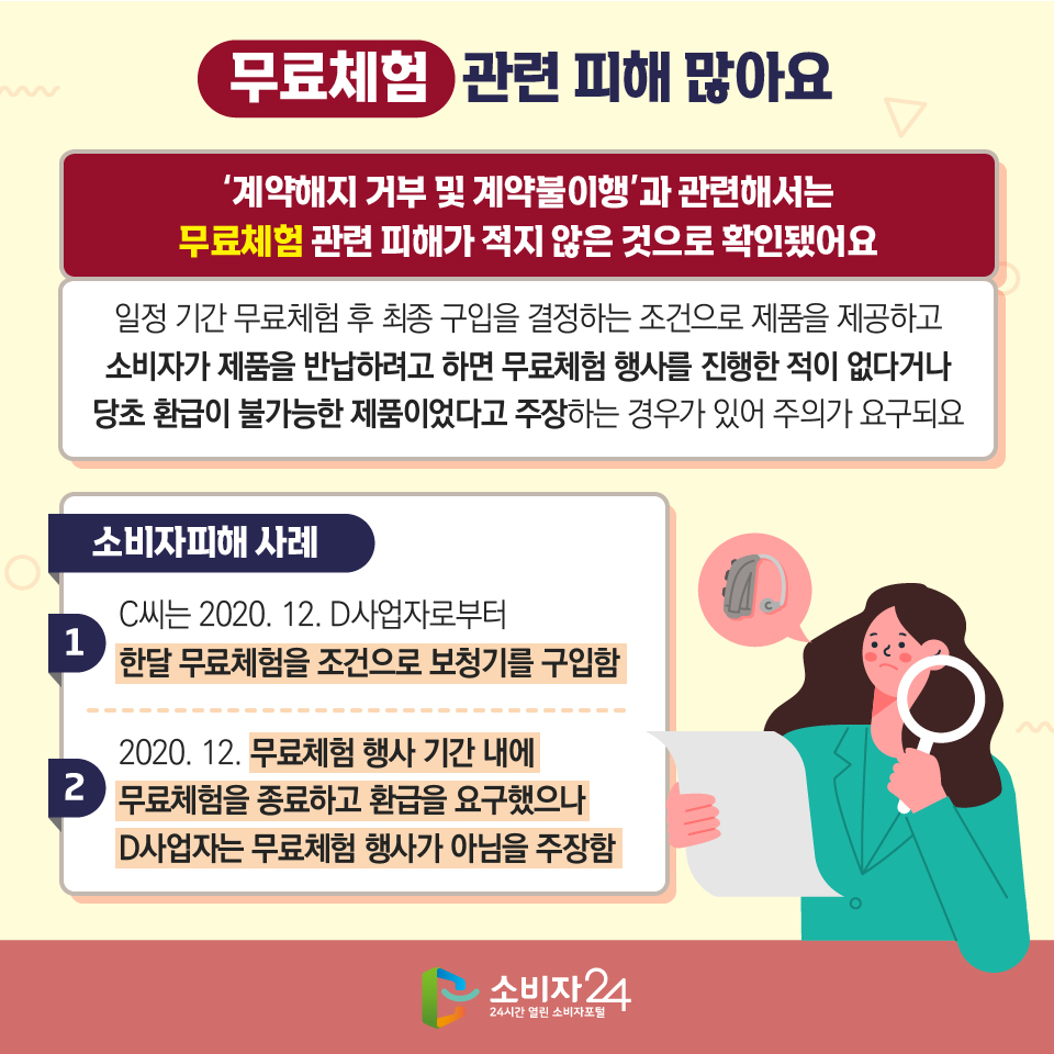 무료체험 관련 피해 많아요 ‘계약해지 거부 및 계약불이행’과 관련해서는 무료체험 관련 피해가 적지 않은 것으로 확인됐어요 일정 기간 무료체험 후 최종 구입을 결정하는 조건으로 제품을 제공하고 소비자가 제품을 반납하려고 하면 무료체험 행사를 진행한 적이 없다거나 당초 환급이 불가능한 제품이었다고 주장하는 경우가 있어 주의가 요구되요 - 소비자피해 사례 1) C씨는 2020. 12. D사업자로부터 한달 무료체험을 조건으로 보청기를 구입함 2) 2020. 12. 무료체험 행사 기간 내에 무료체험을 종료하고 환급을 요구했으나 D사업자는 무료체험 행사가 아님을 주장함