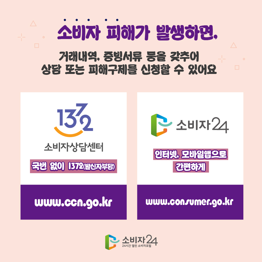 소비자 피해가 발생하면, 거래내역, 증빙서류 등을 갖추어 상담 또는 피해구제를 신청할 수 있어요 1372 소비자상담센터 국번없이 1372(발신자부담) www.ccn.go.kr 소비자24 인터넷, 모바일앱으로 간편하게 www.consumer.go.kr