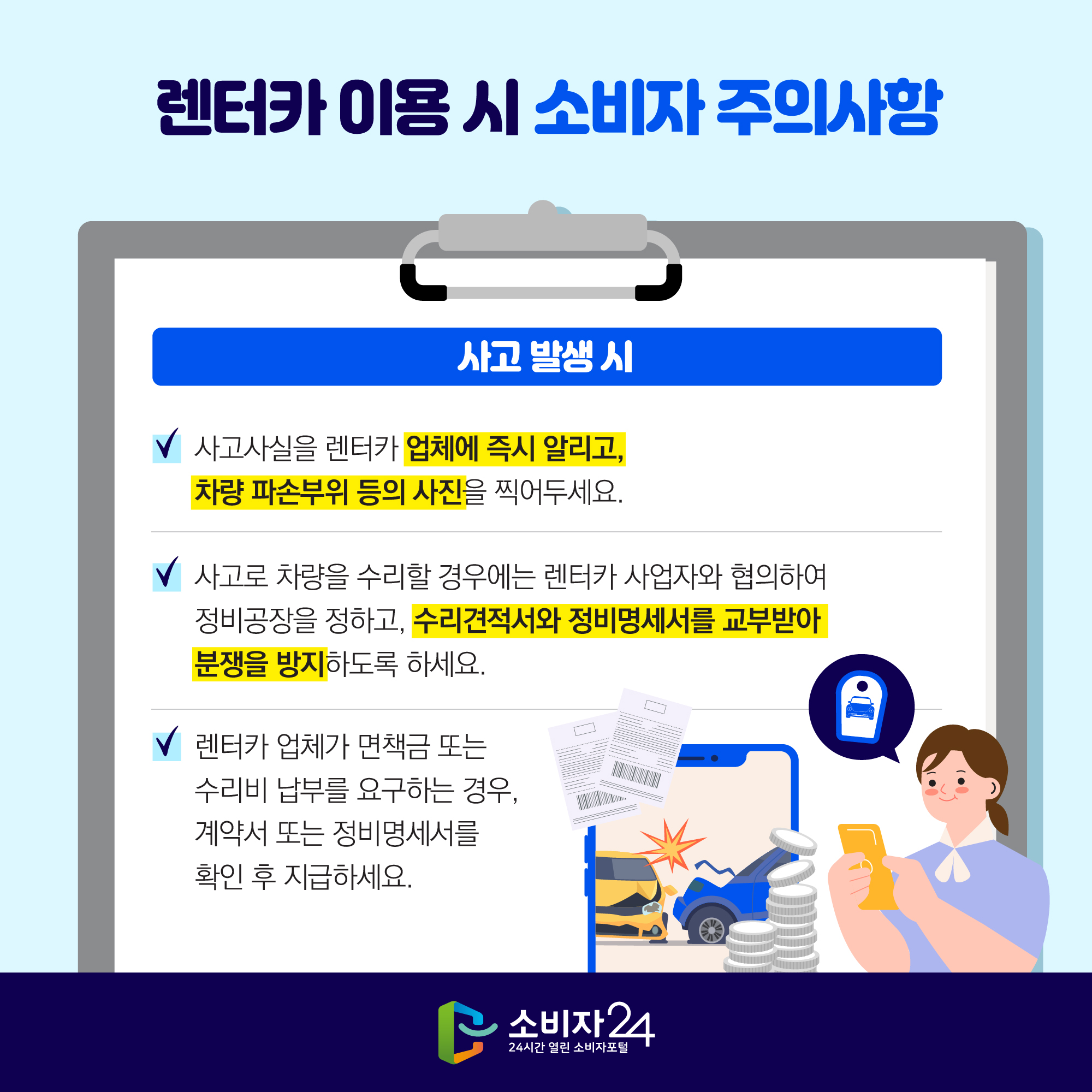 렌터카 이용 시 소비자 주의사항 [사고 발생 시] - 사고사실을 렌터카 업체에 즉시 알리고, 차량 파손부위 등의 사진을 찍어두세요. - 사고로 차량을 수리할 경우에는 렌터카 사업자와 협의하여 정비공장을 정하고, 수리견적서와 정비명세서를 교부받아 분쟁을 방지하도록 하세요. - 렌터카 업체가 면책금 또는 수리비 납부를 요구하는 경우, 계약서 또는 정비명세서를 확인 후 지급하세요.