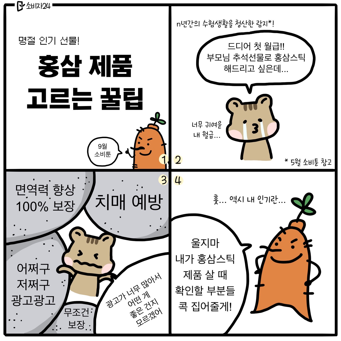 1) 명절 인기 선물! 홍삼 제품 고르는 꿀팁 (9월 소비툰) 2) n년간의 수험생활을 청산한 람지!(5월 소비툰 참고) / 람지 : 드디어 첫 월급!! 부모님 추석선물로 홍삼스틱 해드리고 싶은데.. 너무 귀여운 내 월급.. 흑흑 3) 